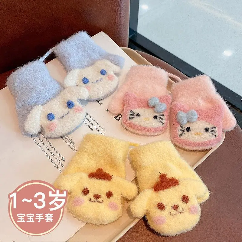 

Детские зимние теплые плюшевые Утепленные перчатки Sanrio милые Мультяшные детские перчатки HelloKitty Kuromi 1-3 с лямкой на шее и пятью пальцами