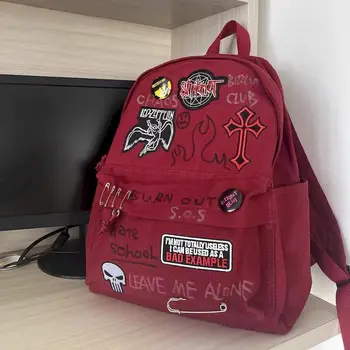 Wine Red Rock Punk Y2K Backpacks Student Large Capacity Casual Backpack For Men And Women 2025 New In Bag 1