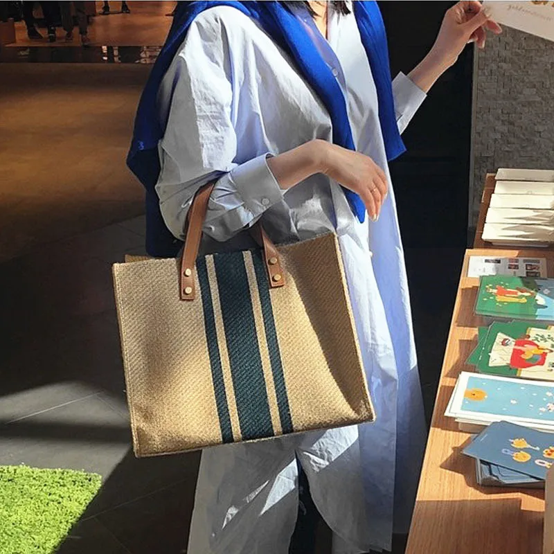 Einfache Canvas Streifen Dekor Eimer Handtaschen Damen Top Griff Einkaufstasche große Kapazität lässig Schulter Umhängetaschen – Detail 4