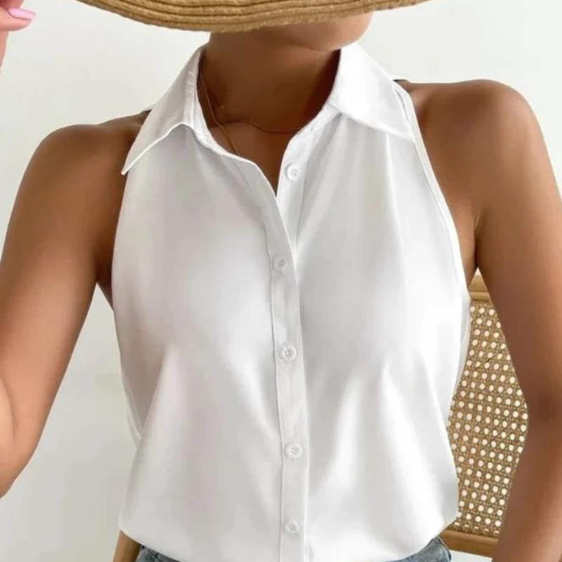 

Women White Shirt Summer European & American Fashion Plain Casual Blouses Women's Turn Down Collar Sleeveless Buttoned Top