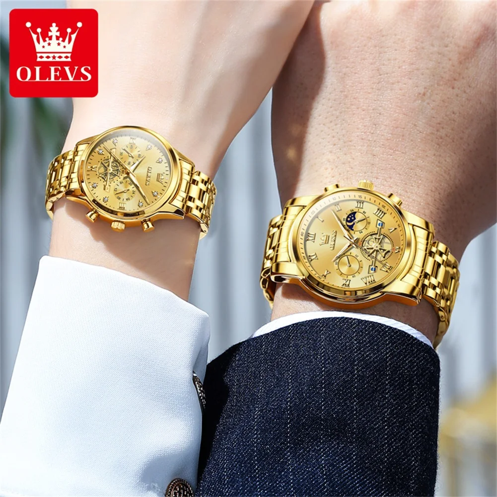OLEVS Brand Luxury Gold Quartz Watch Lovers Stainless Steel Waterproof Luminous Fashion Chronograph Couple Watch Men and Women