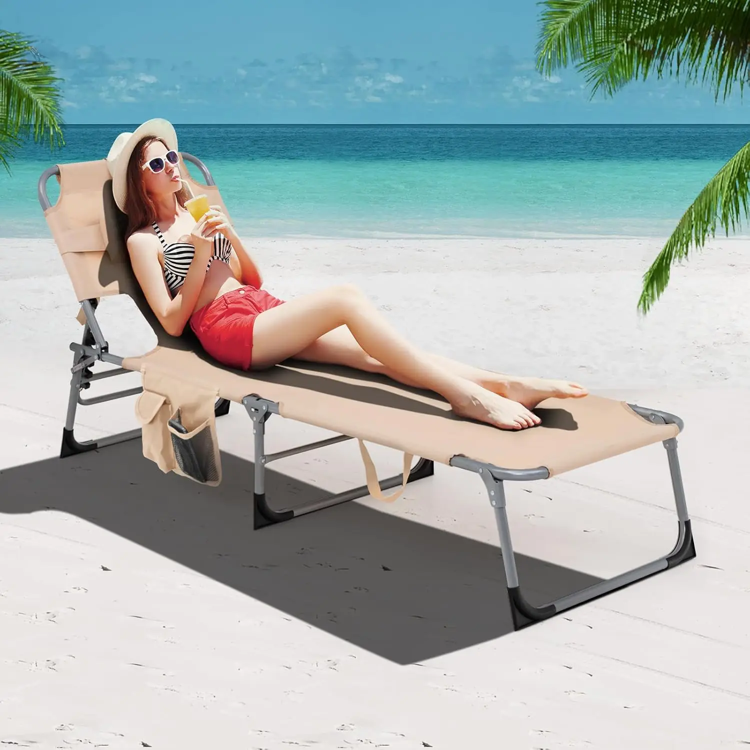 Folding Beach Lounge Chair with Face &Arm Hole, 5-Position Adjustable,Removable Pillow,Side Pocket, Sunbathing Chair