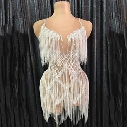 Sexy mesh see through ladies dress fashion sparkle sequin tassel white Latin pole dance performance costume party club clothes