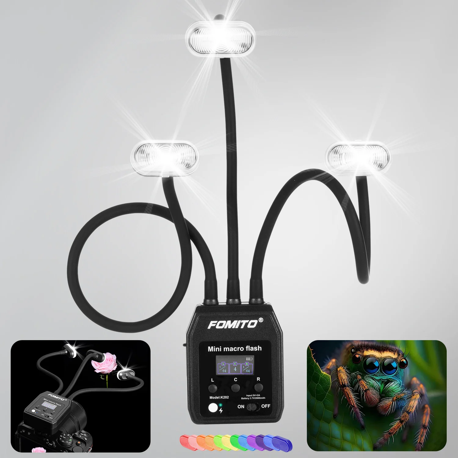 FOMITO Three Head Macro Flash Built in 2000mAh Lithium Battery Type-C Charging Suitable for Photography of Plants/Insects, etc