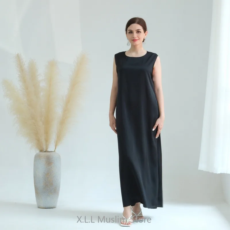 Ramadan Sleeveless Abaya Turkey Islam Arabic Muslim Long Dress Silky Inside Dresses For Women Clothing Musulmane Femme Vestido