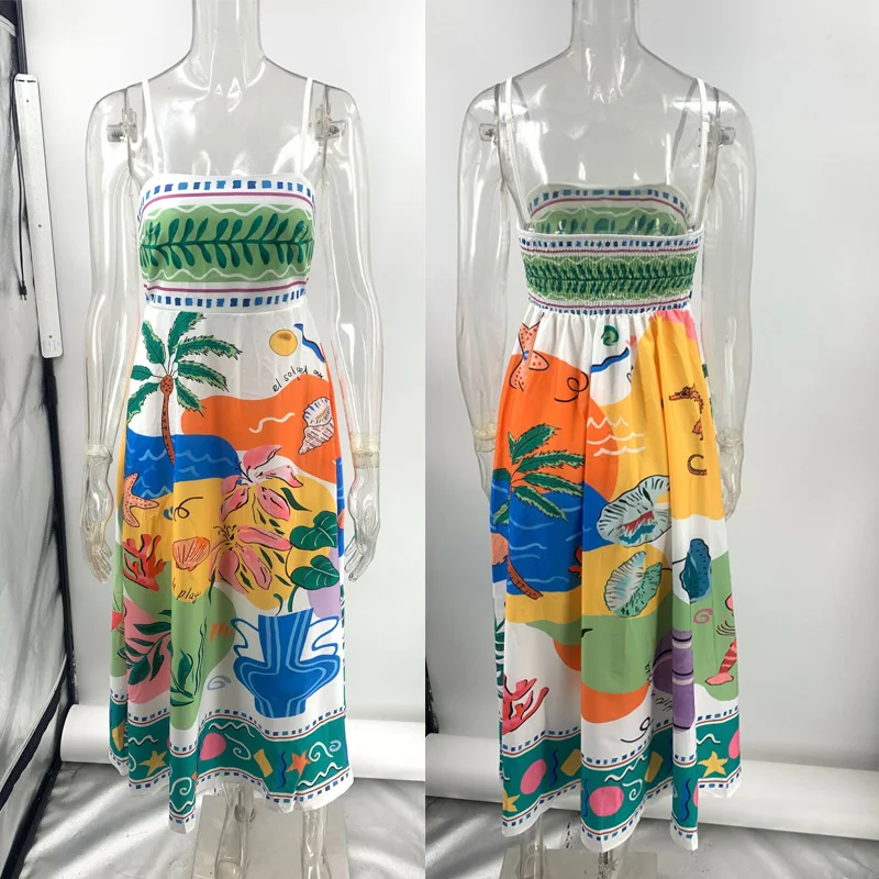 Women Long Printed Spaghetti Strap Dress Fashion Bohemian Sleeveless A-line Long Dress Elegant female holidays beach dresses