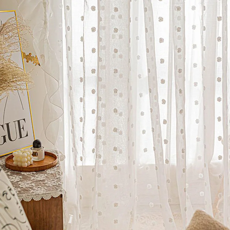 

French White Sheer Curtain 1 Panel Ruffed Fringe Curtains for Bedroom Living Room Boho Pom Pom Textured Grommets Home Décoration