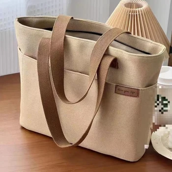 Bolso de mano de lona para mujer, bolsa de almacenamiento de 2 capas, gran capacidad, bolsa de transporte para ir al trabajo para estudiantes, bolsos de hombro portátiles, bolsa de compras 1