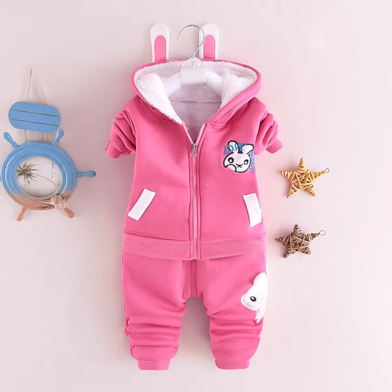 Winter baby clothes plus velvet thick two-piece suit boys and girls toddlers warm cartoon bear hooded jacket pants baby suit new baby clothing set	