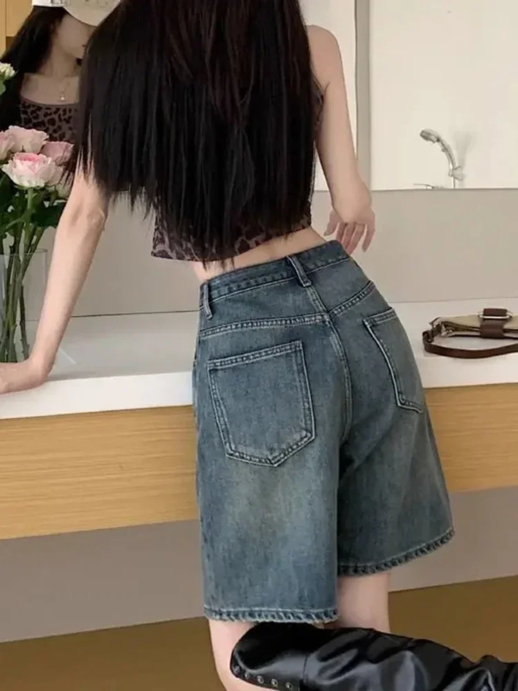 Fashionable Distressed Design Sweet and Spicy Girl Casual Summer Street Wear Y2k Women's Retro High Waisted Loose Denim Shorts
