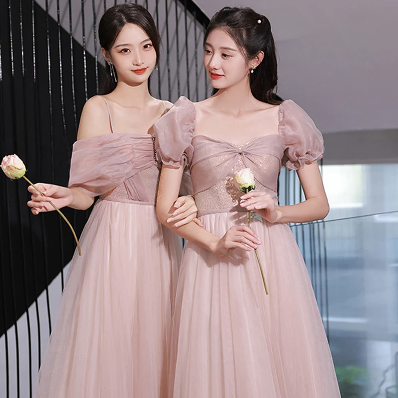 

Pink Bridesmaid Dress Wedding Bridesmaid Team Dress Women Elegant Temperament Gauze Skirt Host Party Vestidos Sexy Gentle Qipao