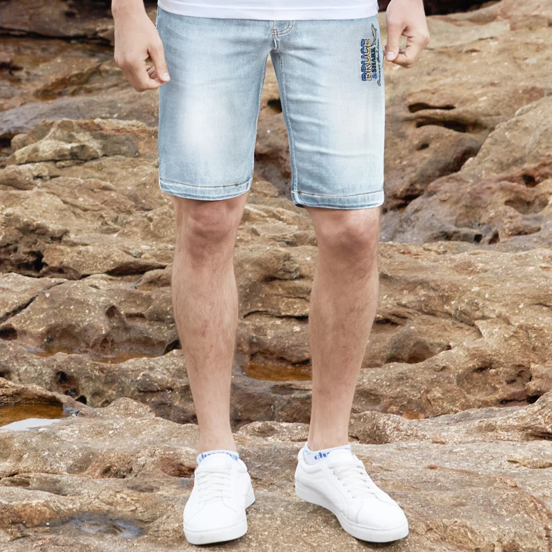 Summer New Men's Light Blue Jeans Shorts Bruce&Shark Thin Stretch Soften Cotton Denim Shorts Men Classic Mid Rise Jeans