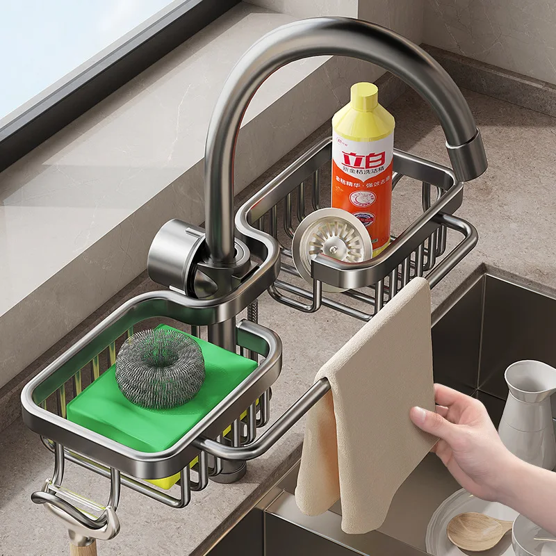 Kitchen Faucet Storage Rack, Dishwashing Sink, Sink Supplies, Household Cleaning Cloth, Sponge, Drain Basket, Storage Rack