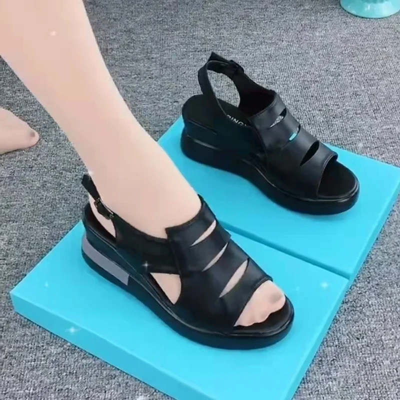 

Summer Wedge Shoes for Women Sandals Solid Color Open Toe High Heels Casual Ladies Buckle Strap Fashion Female Sandalias Mujer