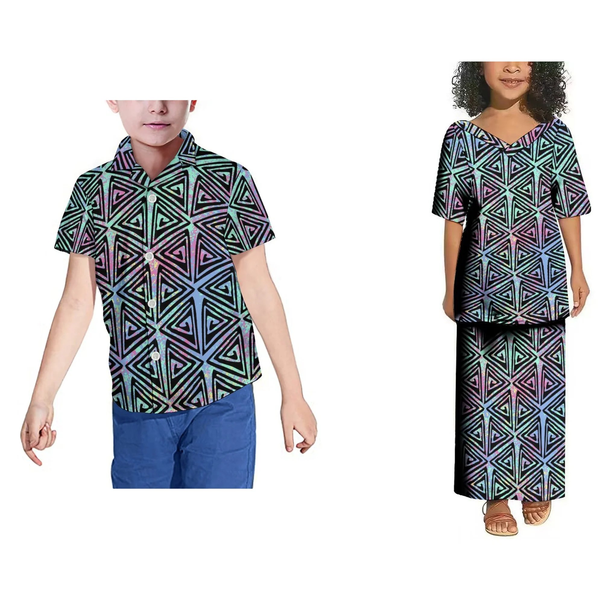 Polynesian Design Tongan Kids Puletasi V Neck Top And Skirts 2 Pieces Sets Girls Dress
