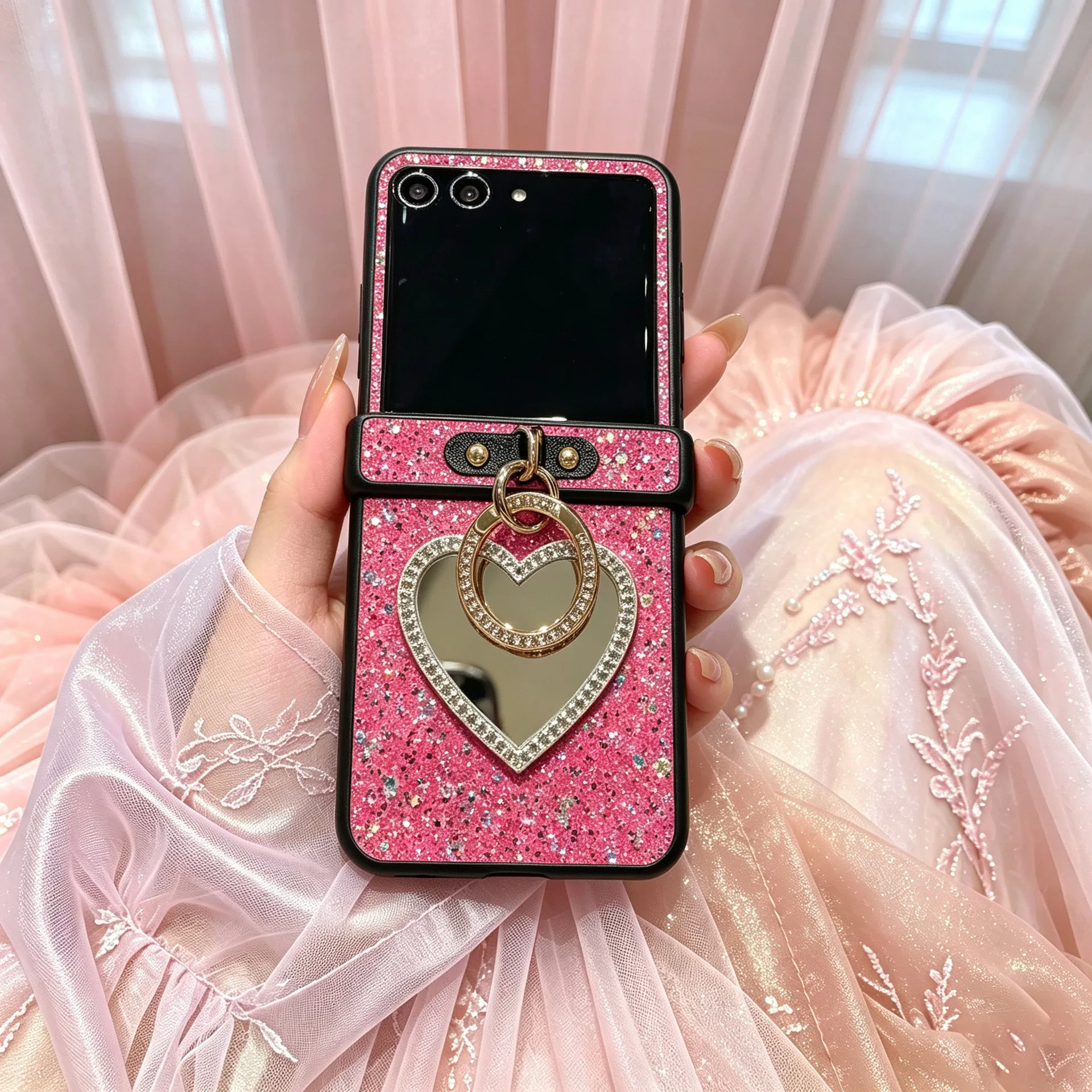 Luxury Ring Buckle Sparkling Phone Case with Glitter Heart Mirror