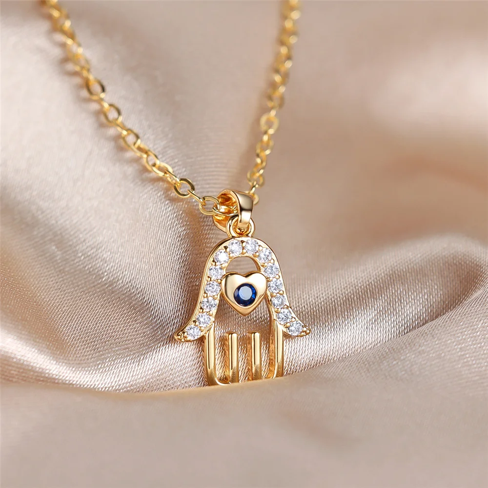 Luxury Female Crystal White Blue Zircon Stone Hand Pendant Necklace Vintage Gold Color Wedding Jewelry For Women