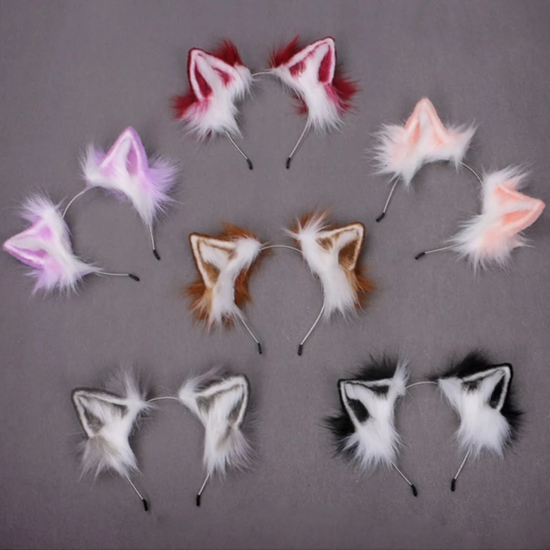 

Furry Plush Foldable Wolf Cat Ears Headband Contrast Color Simutation Animal Hair Hoop Japanese Kawaii Cosplay Headpiece F17 21