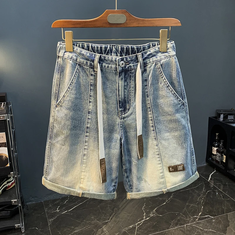 

Summer classic solid color men's shorts trend straight leg Japanese five-quarter jeans casual loose men's trousers