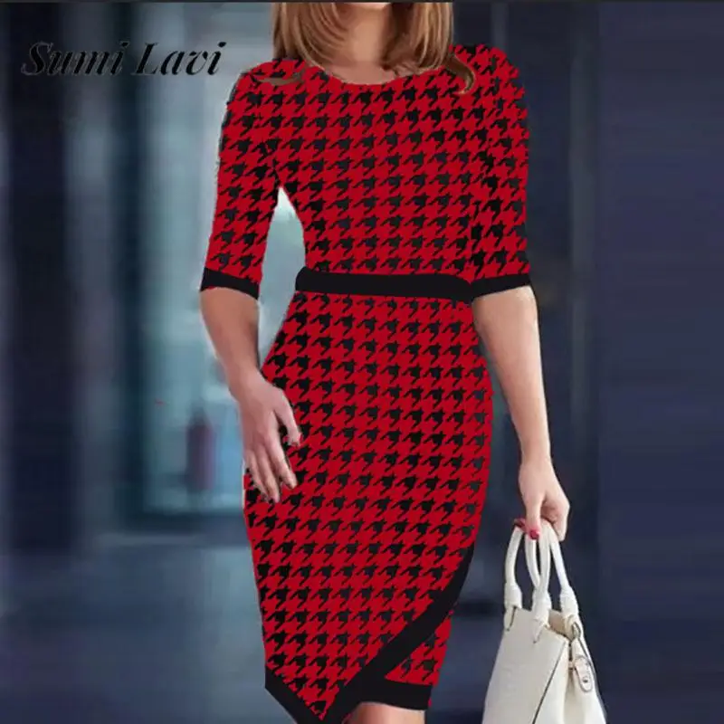 

Houndstooth Printed Ladies Elegant Dress Fashion O Neck Half Sleeve Slim Dress Autumn Ladies Office Business Irregular Hip Dress