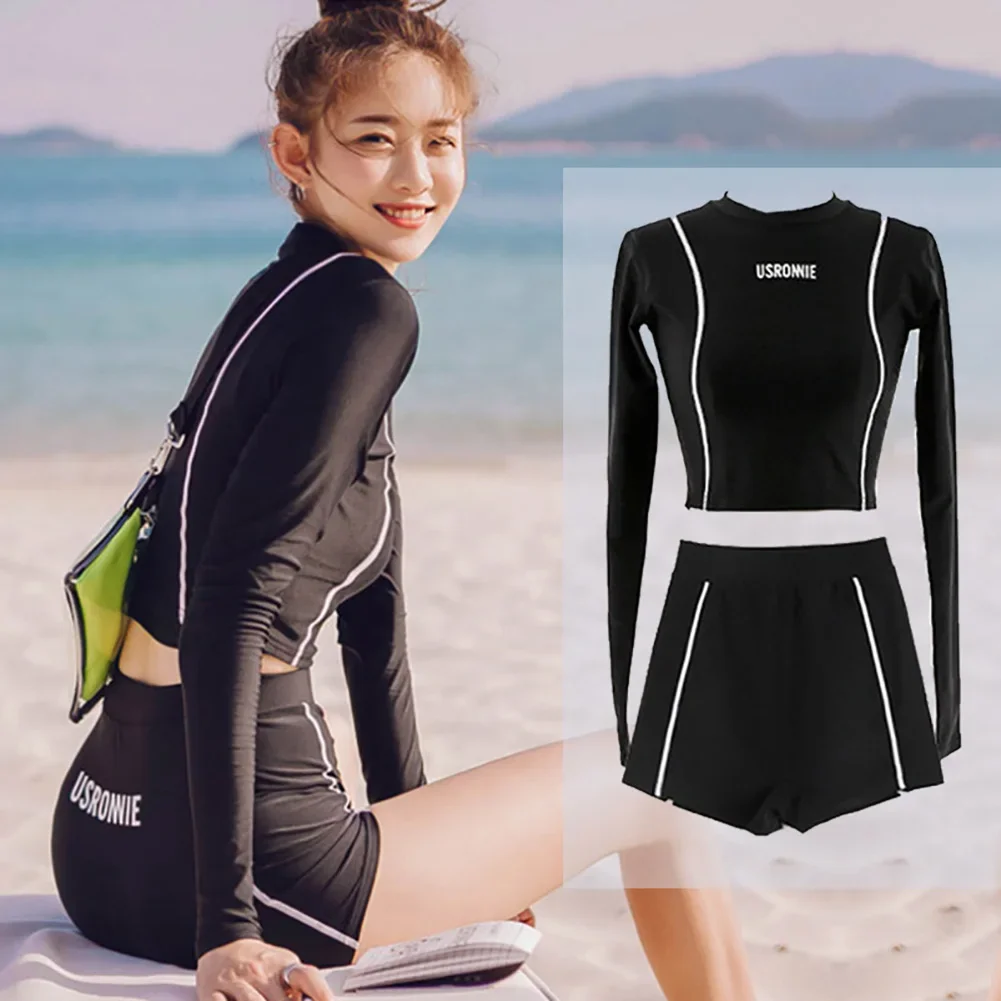Two-Piece Women's Swimming Suit Ladies Patchwork Long Sleeve Swimwear Sports Pool Beachwear Two Piece Swimsuit With Shorts - 3
