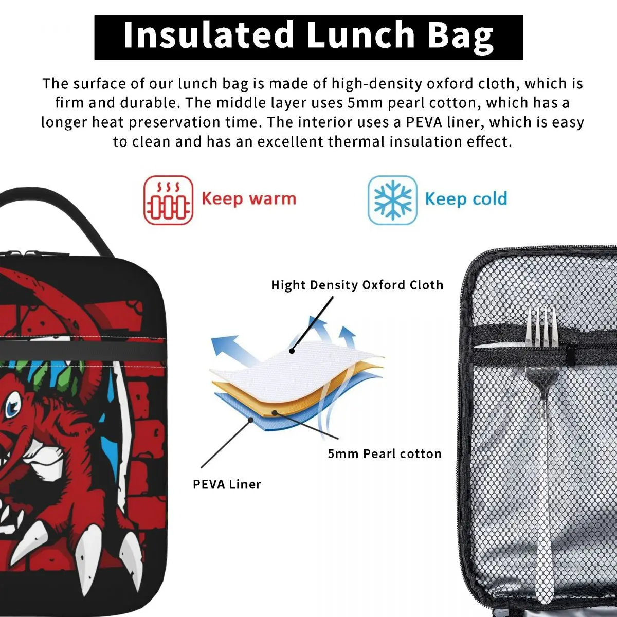 Digimon Tyrannomon Insulated Lunch Bags Thermal Bag 
Meal Container High Capacity Tote Lunch Box Girl Boy School Outdoor 5