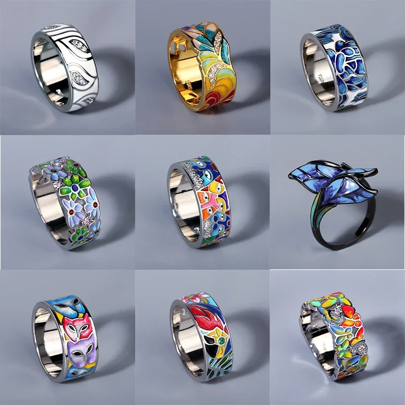 Silver Rings for Women Creative Handmade Enamel Craft Party Jewelry Epoxy Craft 925 Silver