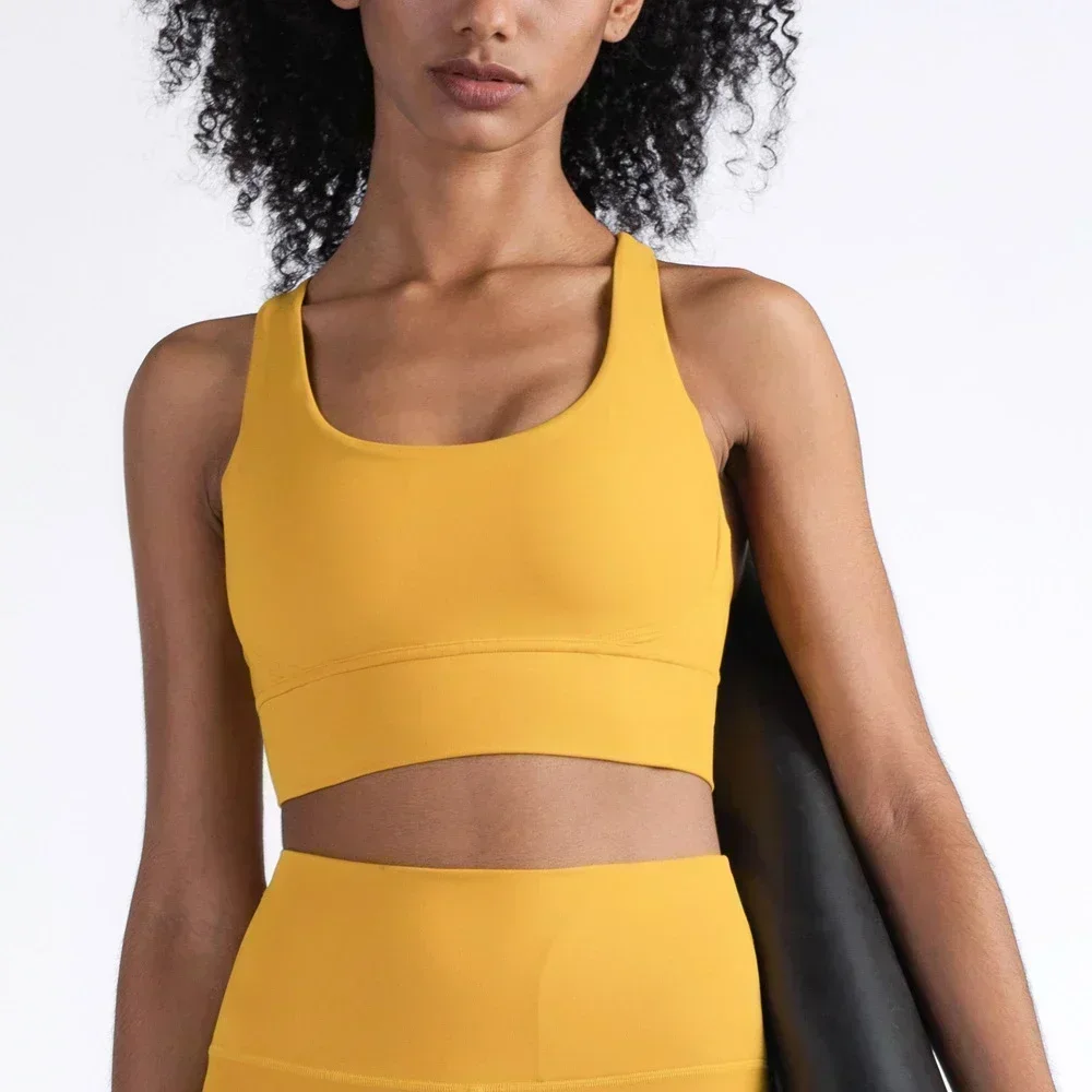 Lemon Comfy Wide Hem Sports Bra For Women Gym Back Cross Strappy Fitness Vest Wirefree Padded Medium Support Yoga BrasTop