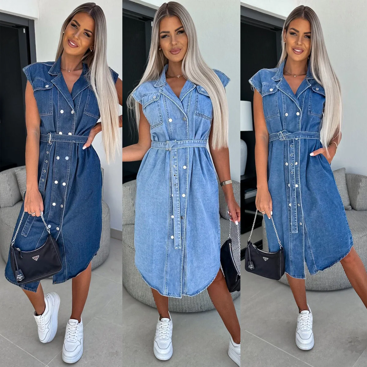 

Woman Denim Dress 2023 Summer Button Shirt Dress Jean Short Sleeve Women Streetwear Female Dress