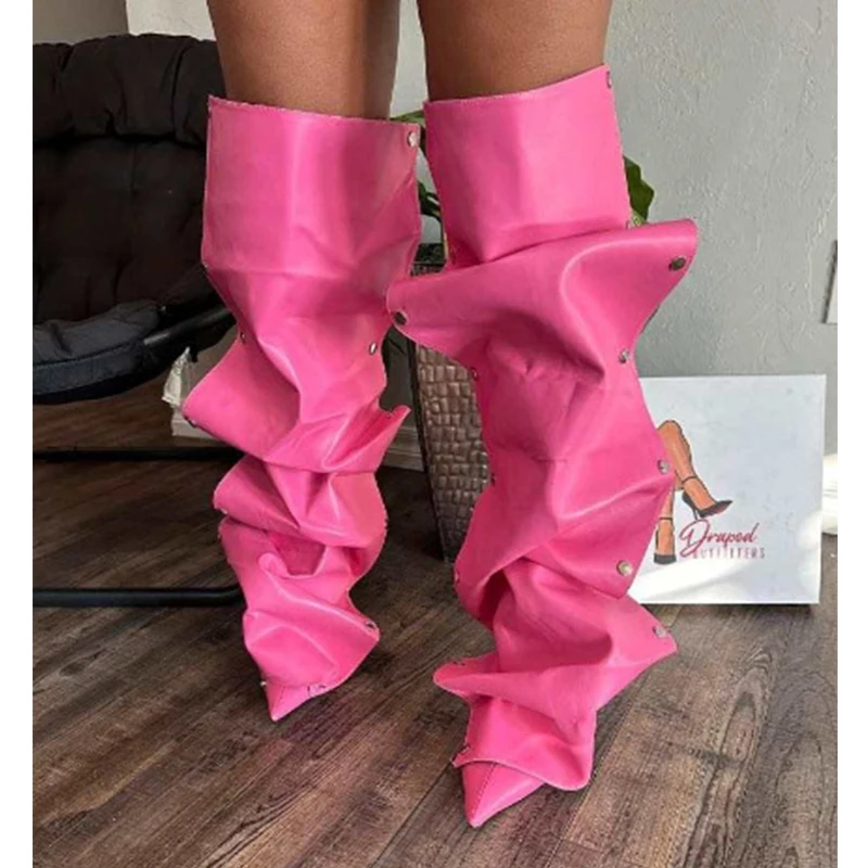 

Pink Button Pointed Toe Knee-High Boots Woman Winter 2024 Metal Rivet Denim Two-Piece Stacked Long Boots Fashion Shoes for Women