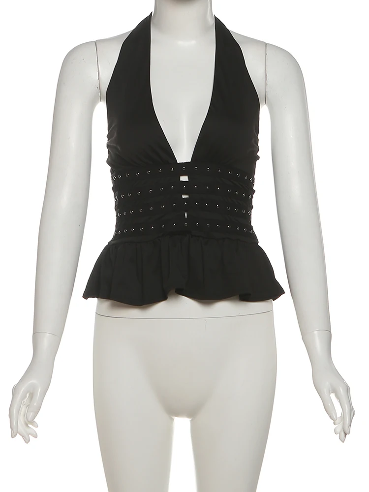 Nibber Rivet Decoration Vests Women Halter v-Neck Ruffles Backless Sexy Midnight Street Summer Hottie Hipster Coquette Tops