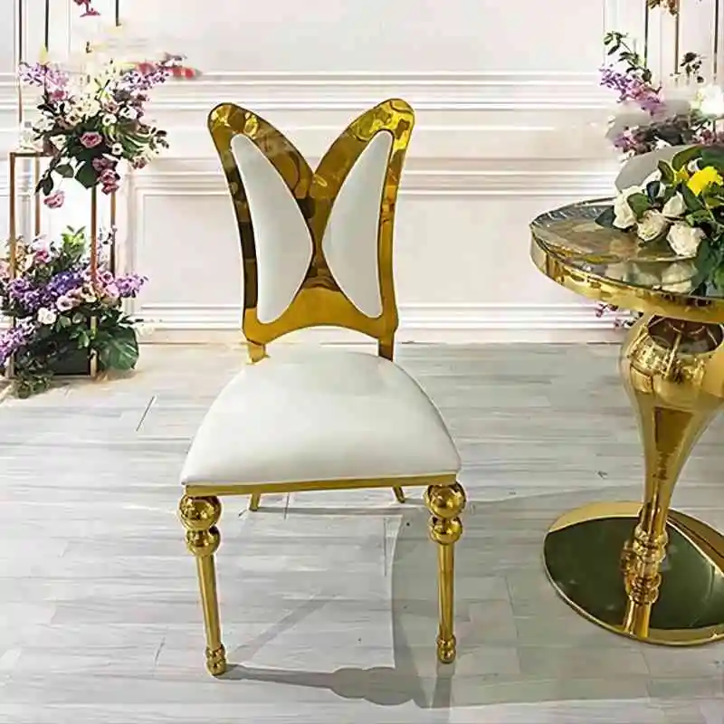 

Creative Gold Upholstered Banquet Wedding Stainless Steel Frame Butterfly Back Dining Room Chair