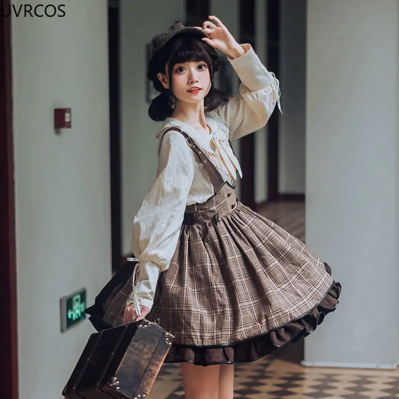 Spring Summer Japanese Gothic Lolita Jsk Dress Women Kawaii Ruffle Harajuku Brown Strap Dress Girls Punk Loli Tea Party Vestidos lolita dress lolita suspender dress lolita cosplay costumes suspender dress