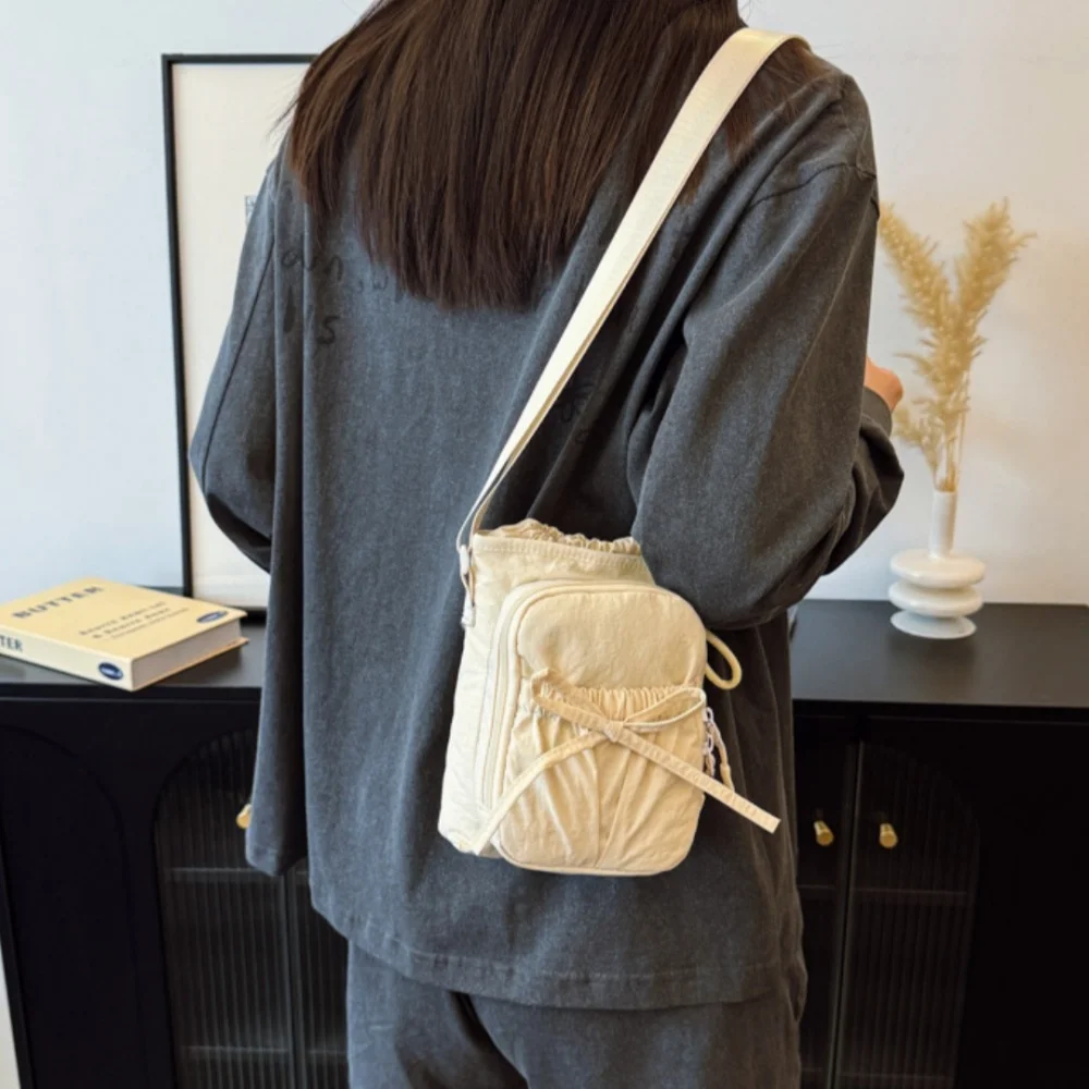 New Bow Phone Bag Nylon Shoulder Bags Women Drawstring Crossbody Bag Versatile Reusable Tote Bags Adjustable Kettle Handbag