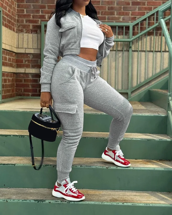 Fashion Casual Two Piece Set 2023 Autumn Baseball Collar Crop Sweatshirt Jacket & Drawstring Cuffed Sweatpants Set Women Outfit