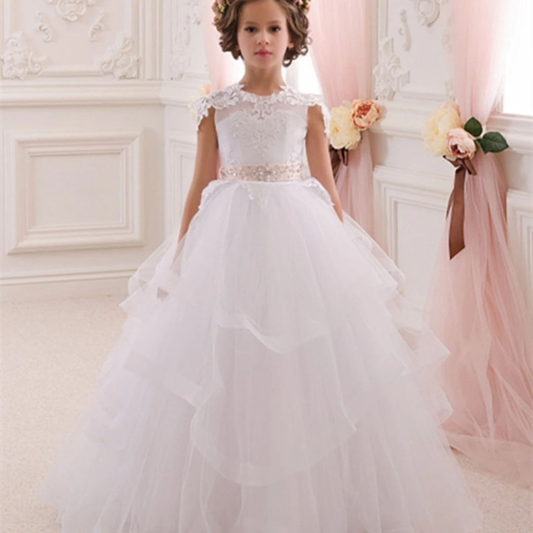 

Flower Girl Dress For Wedding 3d Applique Lace Sleeveless Tulle Puffy Birthday Party Children Photoshoot Bridesmaid Gown 2023