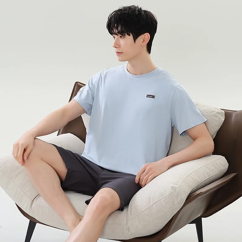 Men Summer Pajamas Pullover Short Sleeves Tops Shorts Sleepwear