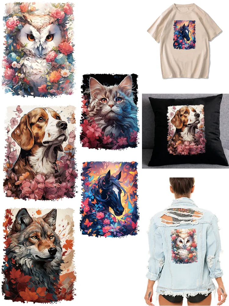 Blumen tiere Thermo kleber Patches Katze und Hund Graffiti-Druck für Kleidung DIY Dekoration Bügel anwendungen
