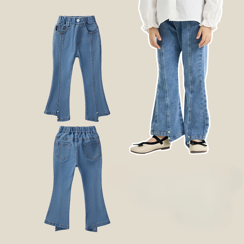 

Girls Trousers Children Denim Pants 2024 Spring and Autumn New Girl Korean Version Nail Bead Slim Stretch Flared Bottoms