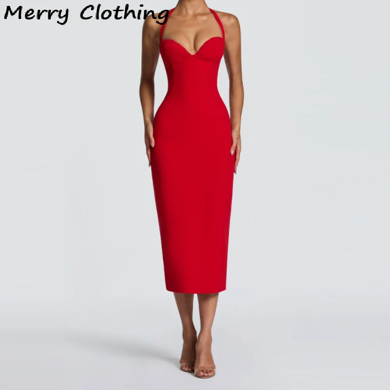 Sexy Bodycon Midi Dress Women Elegant Halter Neck Evening Gown Adjustable Lace Up Party Club Vestidos 2026 NEW Summer Dresses