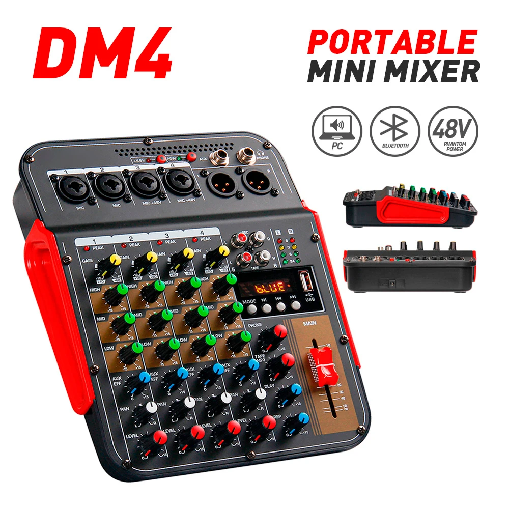 

6-Channel Audio Mixer DJ Conoler with 48V Phantom, Bluetooth, USB to PC Recording and Playback for Live Karaoke, Outdoor Parties