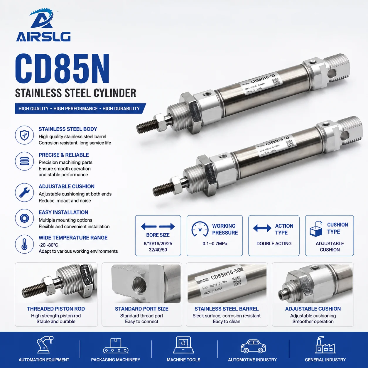 ISO C85 Mini Pneumatic Cylinder Double Acting Two Way Single Rod Air Cylinder Bore 8-20mm Stroke 10-200mm AFR CD85N10 16 20 25