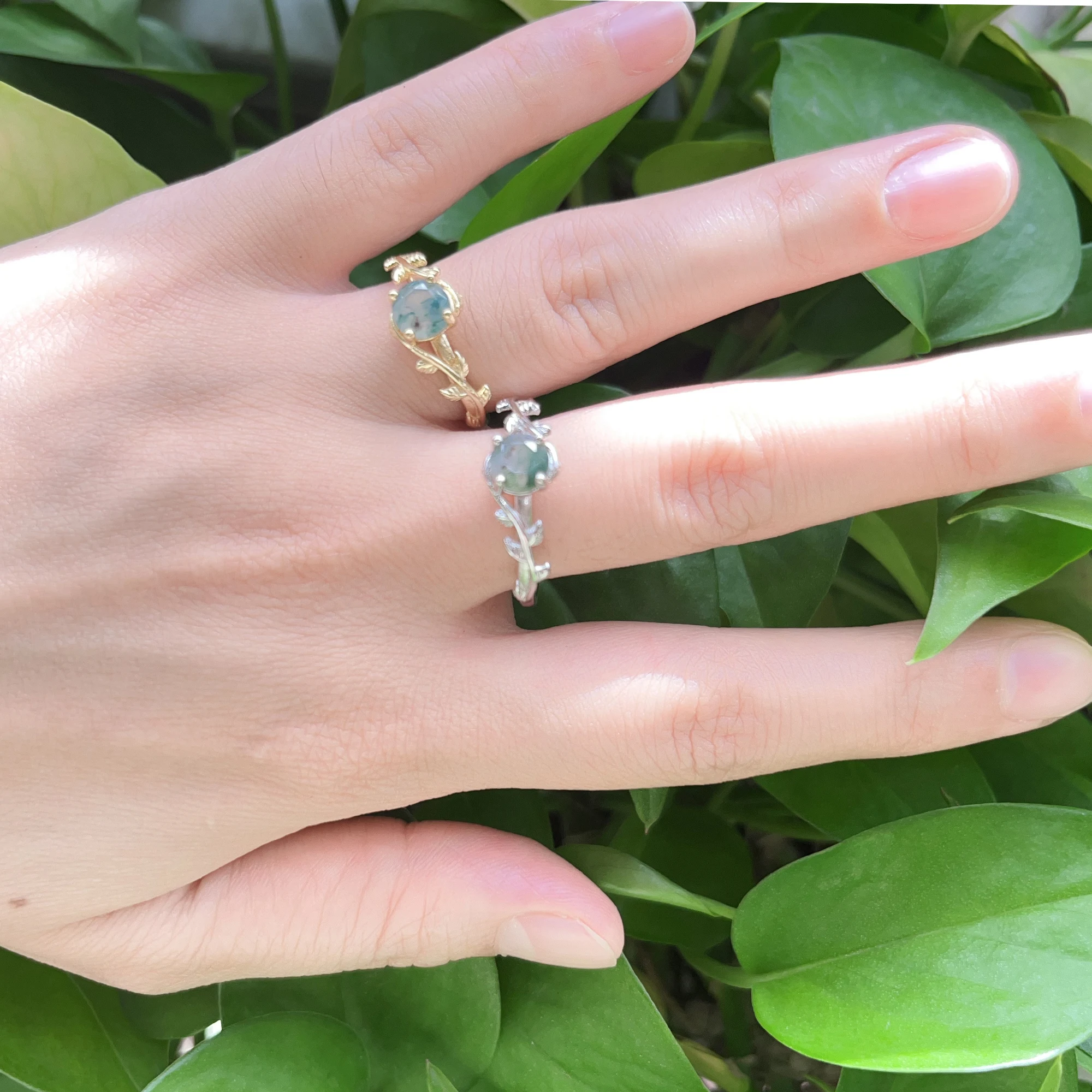 Seiyang Anillo De Compromiso De ágata Musgo Natural De Plata De Ley 925 Con ágata Musgo, Juego De Anillos De Compromiso De Promesa De Boda, Regalo De Joyería Para Mujer, Plata