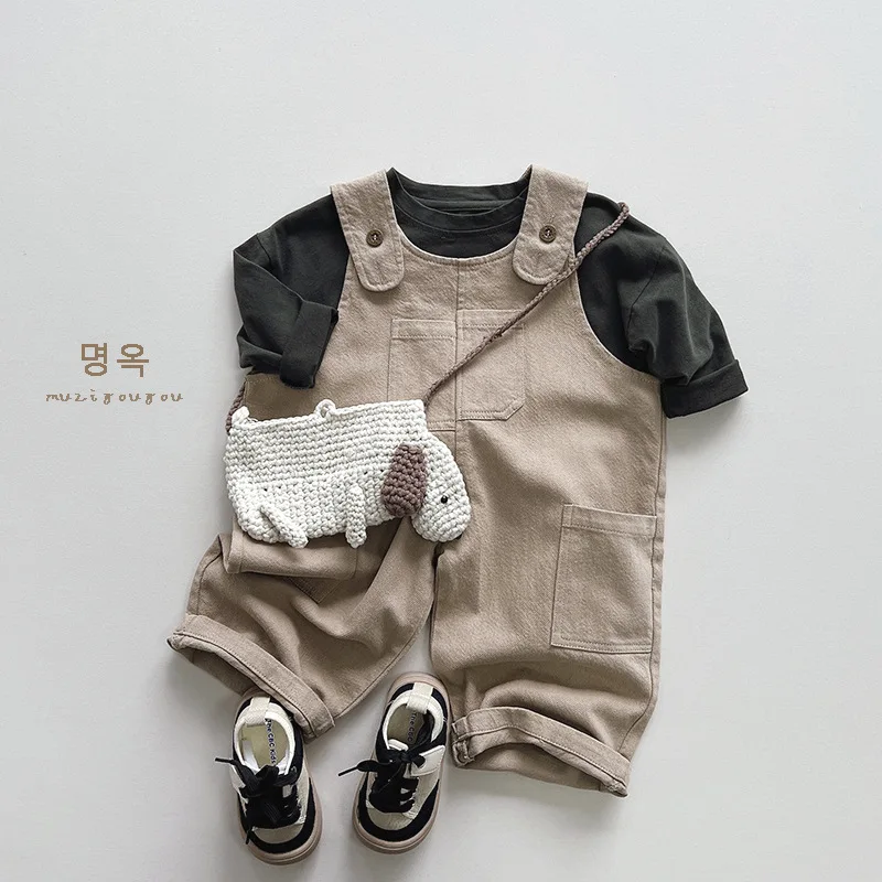 Korean Autumn Children Boy Strappy Pant Cotton Sides Pocket Toddler Boy Cargo Pants Solid Versatile Baby Wide Leg Pants boys cargo pants