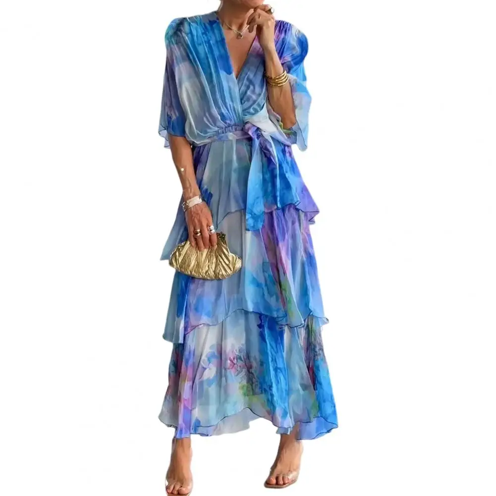 

Elegant Women Dress Cake Hem Multi-layered Pleated Colors Ruffle Slim Waist Bat Sleeve Evening Dress Beach Party Maxi Dress