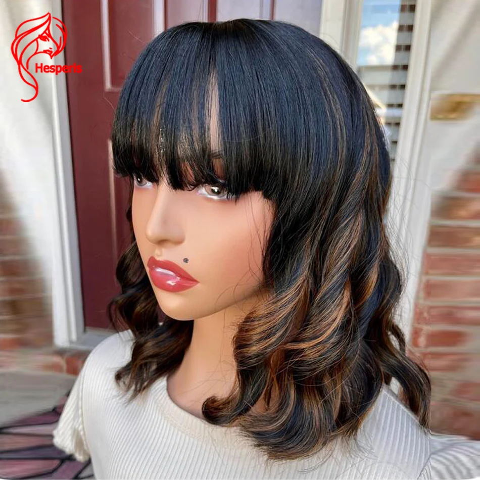 

Hesperis Short Bob Wig Wave Brazilian Remy Hair Highlight Human Hair Wig With Bangs Scalp Top Full Machine Made Wig None Lace