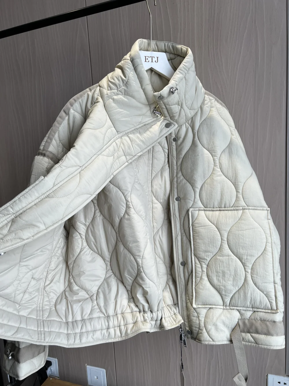 Quilted coat for women ETJ 2024traf QUILTED JACKET WITH TIES new beige drawstring high neck pocket clip cotton jacket for women 5