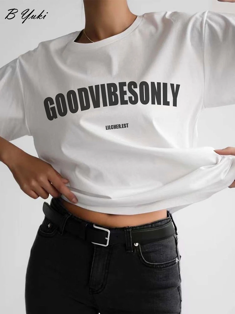 

Blessyuki Casual Cotton Letter Graphic T Shirts for Women 2023 Summer Soft Streetwear Tees Korean Loose Short Sleeve Female Tops