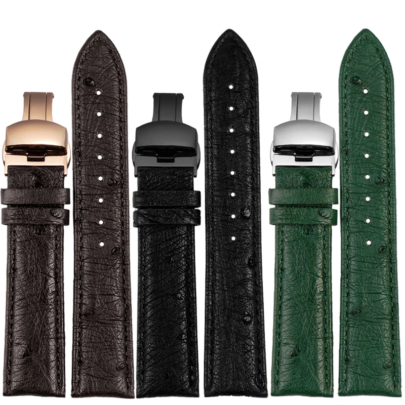 Bracelete de Relógio de Couro Avestruz Vintage para Homens e Mulheres Pulseiras Fecho Borboleta Acessórios Rolex Iwc Tudor Preto Verde Marrom - Image 5
