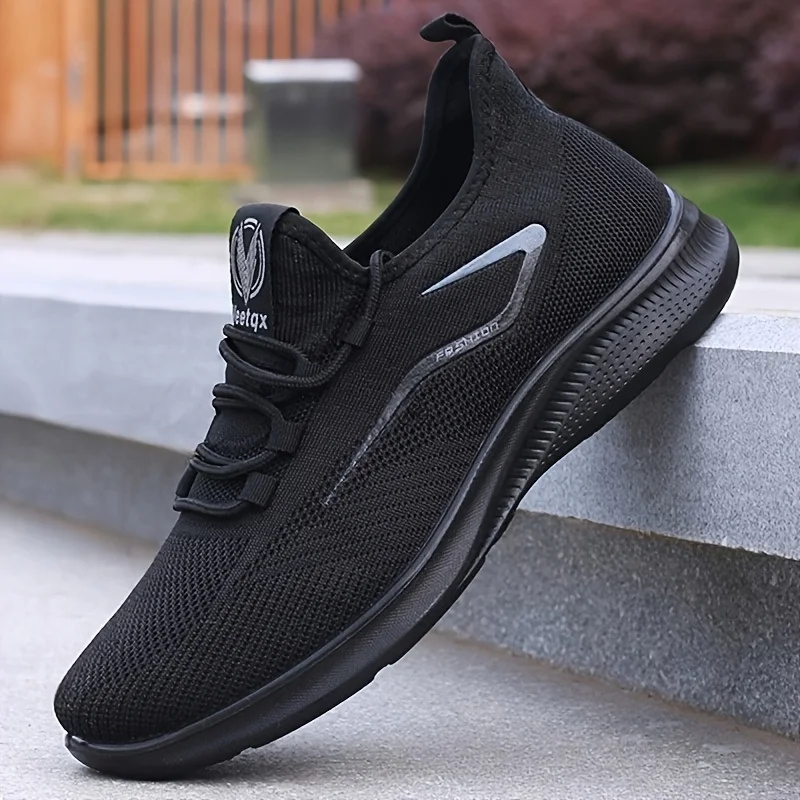 Breathable Lightweight Men's Knit Sneakers Slip Resistant Training Shoes for Running Basketball Black White Sports Shoes PU Sole 2